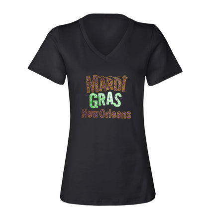 Mardi Gras New Orleans V - Neck Rhinestone Tee - shirt - Mardi Gras Apparel - 100% Cotton, Adult, Black - Rhinestone Tee - Shirt