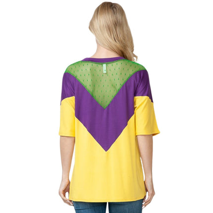Mardi Gras Purple & Gold Color Block Short Sleeve Tunic Top - Mardi Gras Apparel - Adult, Gold, Ladies - 
