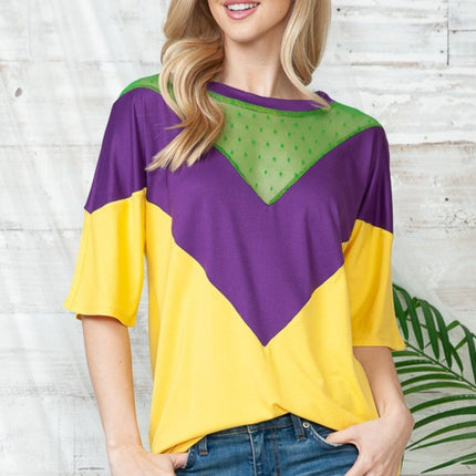 Mardi Gras Purple & Gold Color Block Short Sleeve Tunic Top - Mardi Gras Apparel - Adult, Gold, Ladies - 