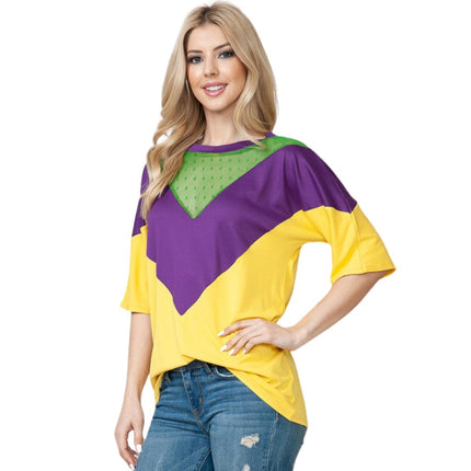 Mardi Gras Purple & Gold Color Block Short Sleeve Tunic Top - Mardi Gras Apparel - Adult, Gold, Ladies - 