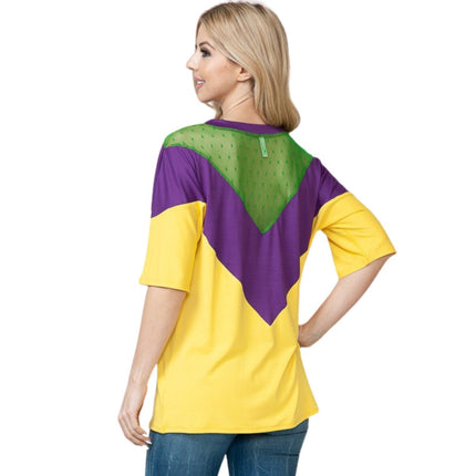 Mardi Gras Purple & Gold Color Block Short Sleeve Tunic Top - Mardi Gras Apparel - Adult, Gold, Ladies - 