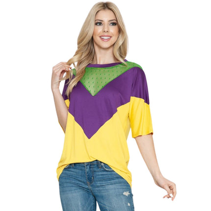 Mardi Gras Purple & Gold Color Block Short Sleeve Tunic Top - Mardi Gras Apparel - Adult, Gold, Ladies - 