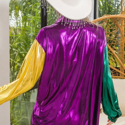 Mardi Gras Purple Metallic Silky Shirt Top - Mardi Gras Apparel - Adult, Gold, Green - 