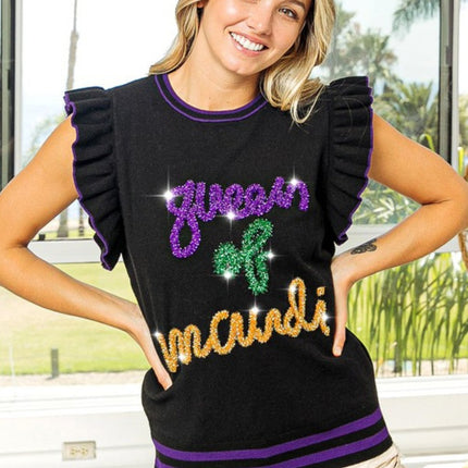 Mardi Gras Queen Of Mardi Ruffled Armhole Sleeveless Knit Black Top - Mardi Gras Apparel - Adult, Ladies, Mardi Gras - 