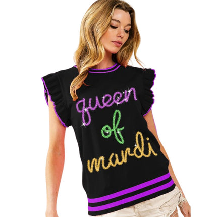 Mardi Gras Queen Of Mardi Ruffled Armhole Sleeveless Knit Black Top - Mardi Gras Apparel - Adult, Ladies, Mardi Gras - 