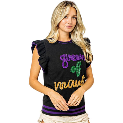 Mardi Gras Queen Of Mardi Ruffled Armhole Sleeveless Knit Black Top - Mardi Gras Apparel - Adult, Ladies, Mardi Gras - 