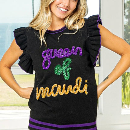 Mardi Gras Queen Of Mardi Ruffled Armhole Sleeveless Knit Black Top - Mardi Gras Apparel - Adult, Ladies, Mardi Gras - 