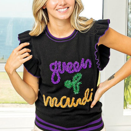 Mardi Gras Queen Of Mardi Ruffled Armhole Sleeveless Knit Black Top - Mardi Gras Apparel - Adult, Ladies, Mardi Gras - 