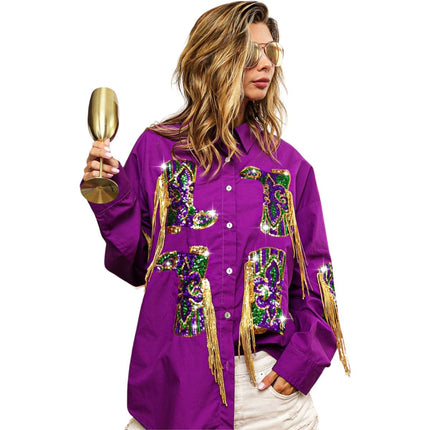 Mardi Gras Sequin Boots Embroidery Shirt - Mardi Gras Apparel - Adult, Front Design, Gold - 