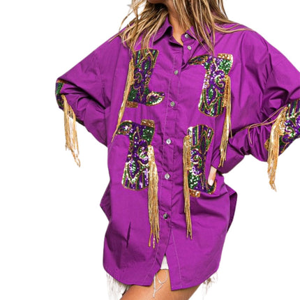 Mardi Gras Sequin Boots Embroidery Shirt - Mardi Gras Apparel - Adult, Front Design, Gold - 