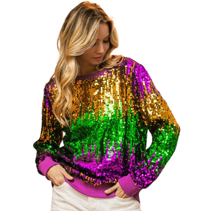 Mardi Gras Sequin Color Block Pullover - Mardi Gras Apparel - Adult, Gold, Green - 