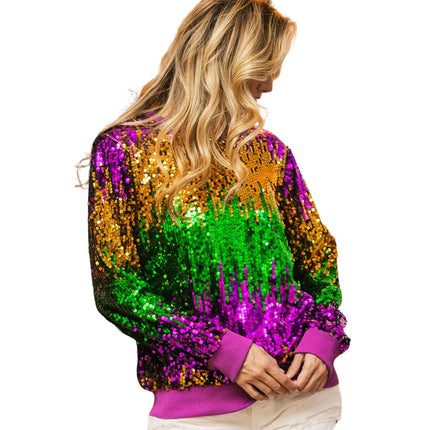 Mardi Gras Sequin Color Block Pullover - Mardi Gras Apparel - Adult, Gold, Green - 