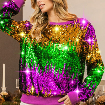 Mardi Gras Sequin Color Block Pullover - Mardi Gras Apparel - Adult, Gold, Green - 