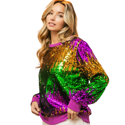 Mardi Gras Sequin Color Block Pullover - Mardi Gras Apparel - Adult, Gold, Green - 