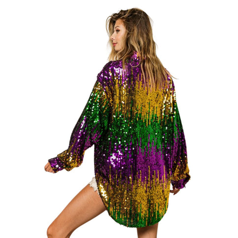 Mardi Gras Sequin Color Block Shirt - Mardi Gras Apparel - Adult, Gold, Green - 