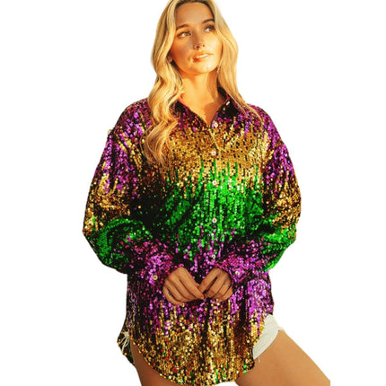 Mardi Gras Sequin Color Block Shirt - Mardi Gras Apparel - Adult, Gold, Green - 
