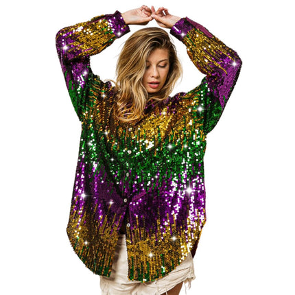 Mardi Gras Sequin Color Block Shirt - Mardi Gras Apparel - Adult, Gold, Green - 