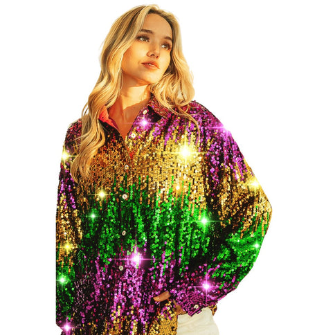 Mardi Gras Sequin Color Block Shirt - Mardi Gras Apparel - Adult, Gold, Green - 