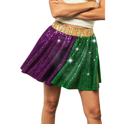 Mardi Gras Sequin Skater Mini Skirt - Mardi Gras Apparel - Adult, Green, Ladies - 