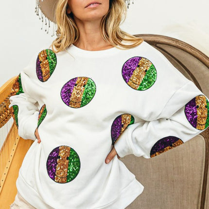 Mardi Gras Smiley Sequin Patches Sweatshirt - Mardi Gras Apparel - Adult, Ladies, Long Sleeve - 