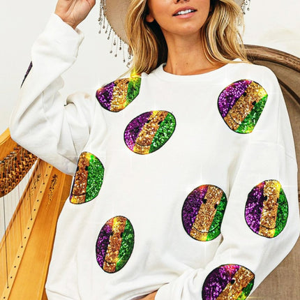Mardi Gras Smiley Sequin Patches Sweatshirt - Mardi Gras Apparel - Adult, Ladies, Long Sleeve - 
