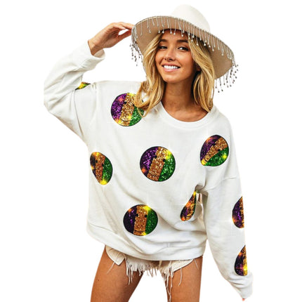 Mardi Gras Smiley Sequin Patches Sweatshirt - Mardi Gras Apparel - Adult, Ladies, Long Sleeve - 