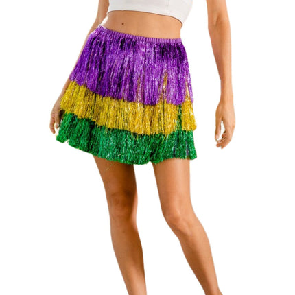 Mardi Gras Tiered Tinsel Fringe Skirt - Mardi Gras Apparel - Adult, Gold, Green - 