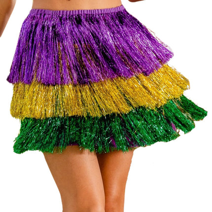 Mardi Gras Tiered Tinsel Fringe Skirt - Mardi Gras Apparel - Adult, Gold, Green - 