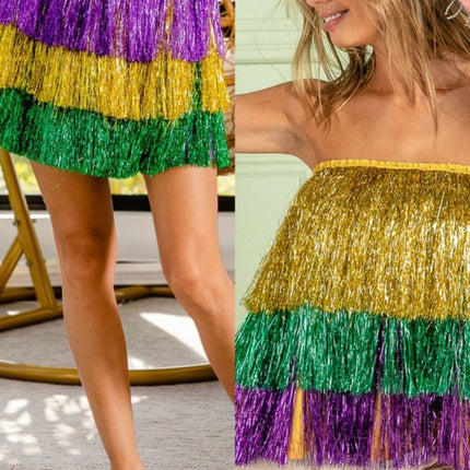 Mardi Gras Tiered Tinsel Fringe Skirt - Mardi Gras Apparel - Adult, Gold, Green - 