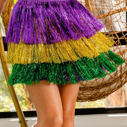 Mardi Gras Tiered Tinsel Fringe Skirt - Mardi Gras Apparel - Adult, Gold, Green - 