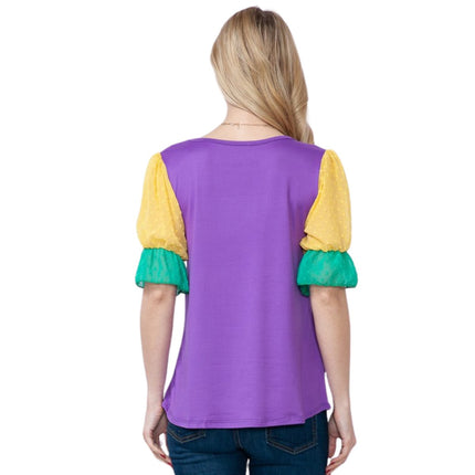 Mardi Gras Top With Short Swiss Dot Mesh Sleeves - Mardi Gras Apparel - Adult, Gold, Green - 