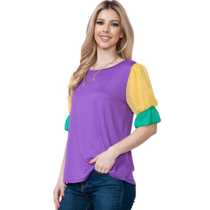 Mardi Gras Top With Short Swiss Dot Mesh Sleeves - Mardi Gras Apparel - Adult, Gold, Green - 