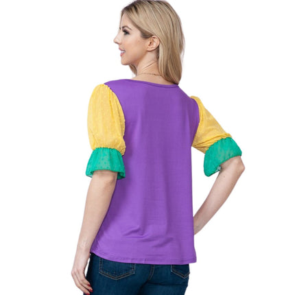 Mardi Gras Top With Short Swiss Dot Mesh Sleeves - Mardi Gras Apparel - Adult, Gold, Green - 