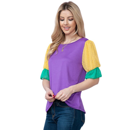 Mardi Gras Top With Short Swiss Dot Mesh Sleeves - Mardi Gras Apparel - Adult, Gold, Green - 