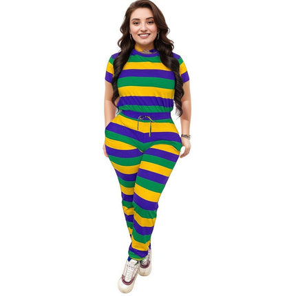 Mardi Gras Vibrant Stripe Short - Sleeve Tee & Jogger Set - Mardi Gras Apparel - Adult, Gold, Green - 