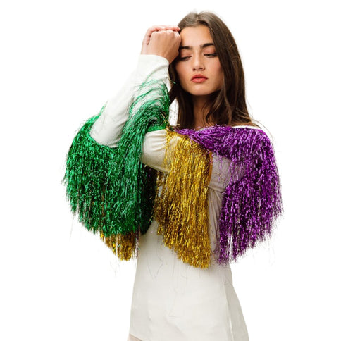 Mardi Gras White Top With Colorful Tiered Tinsel Fringe - Mardi Gras Apparel - Adult, Front Design, Full Chest Print - 