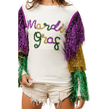 Mardi Gras White Top With Colorful Tiered Tinsel Fringe - Mardi Gras Apparel - Adult, Front Design, Full Chest Print - 