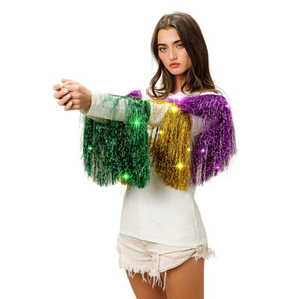 Mardi Gras White Top With Colorful Tiered Tinsel Fringe - Mardi Gras Apparel - Adult, Front Design, Full Chest Print - 