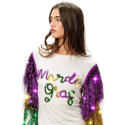 Mardi Gras White Top With Colorful Tiered Tinsel Fringe - Mardi Gras Apparel - Adult, Front Design, Full Chest Print - 
