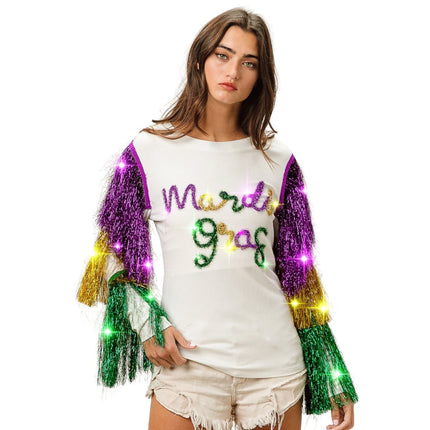 Mardi Gras White Top With Colorful Tiered Tinsel Fringe - Mardi Gras Apparel - Adult, Front Design, Full Chest Print - 