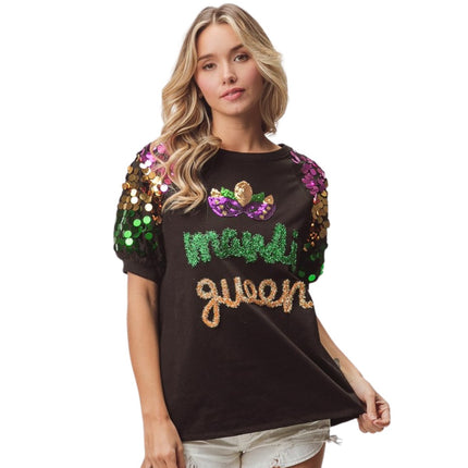 Mardi Queen Sequin Mask Patch Spangled Sleeve Top - Mardi Gras Apparel - Adult, Black, Green - 