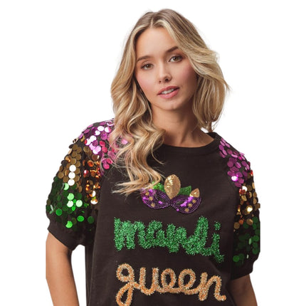 Mardi Queen Sequin Mask Patch Spangled Sleeve Top - Mardi Gras Apparel - Adult, Black, Green - 