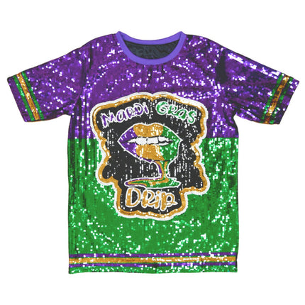 SEQUIN Dress Lettered With Yellow, Purple, & Green Trim - Mardi Gras Apparel - Adult, Dress, Front Design - Dress