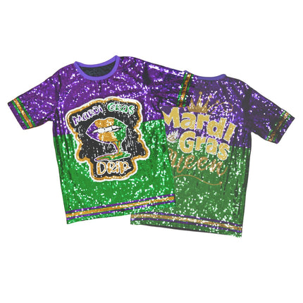 SEQUIN Dress Lettered With Yellow, Purple, & Green Trim - Mardi Gras Apparel - Adult, Dress, Front Design - Dress