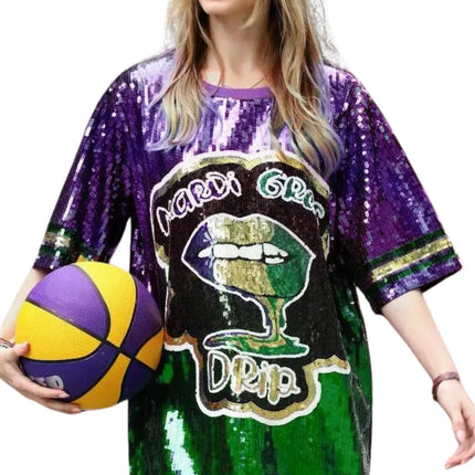 SEQUIN Dress Lettered With Yellow, Purple, & Green Trim - Mardi Gras Apparel - Adult, Dress, Front Design - Dress