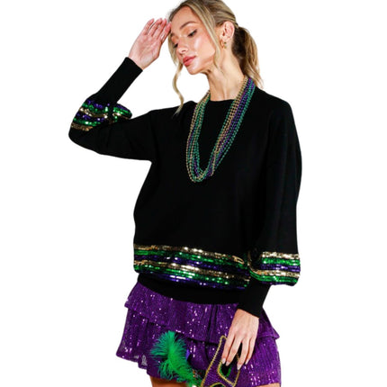 Sequin Trim Detail Mardi Gras Sweater Black Top - Mardi Gras Apparel - Adult, Black, Crew Neck - 