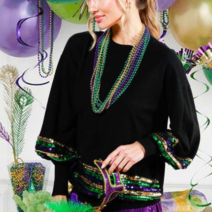 Sequin Trim Detail Mardi Gras Sweater Black Top - Mardi Gras Apparel - Adult, Black, Crew Neck - 