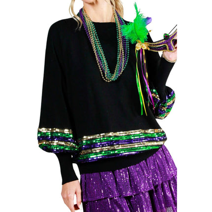 Sequin Trim Detail Mardi Gras Sweater Black Top - Mardi Gras Apparel - Adult, Black, Crew Neck - 