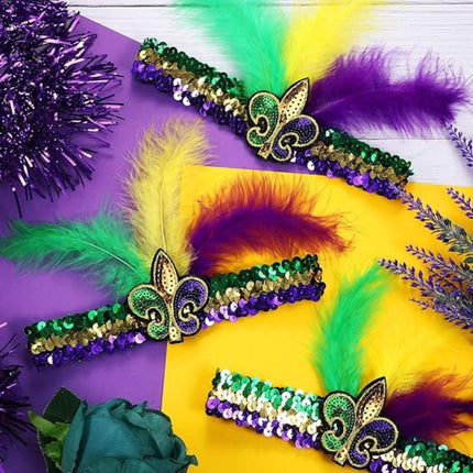 Sequined Fleur - de - Lis Headband - Mardi Gras Apparel - Accessories, Gold, Green - 